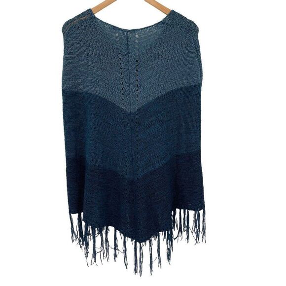 Max Sport Dark Ink Combo Fringed Poncho Sweater V-Neck S/M Blue MX13506-1 NWT - Picture 6 of 11